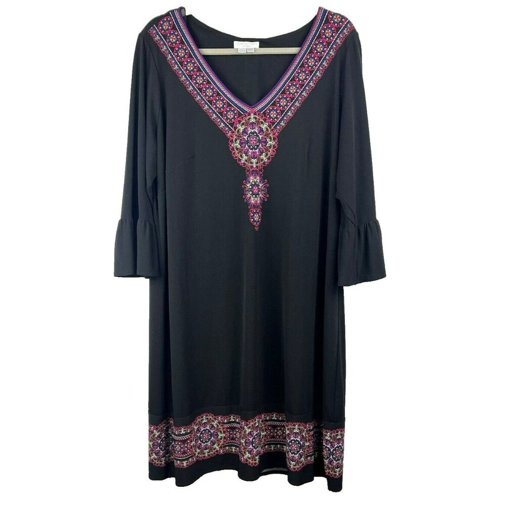 London Times Dress 16 W Black Pink Shift Pullover Ruffle 3/4 Sleeve Stretch Boho
